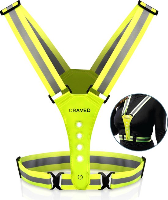 Lichtgevend geel hardloopvest met reflecterende strepen en een klein inzetstuk van een model dat het vest draagt.