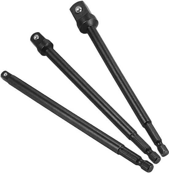 Set de 3 adaptateurs de douilles, rallonge pour visseuse à chocs, Hex vers carrée, Drive 1/4", 3/8", 1/2", longueur 150 mm - Pour Embouts et douilles