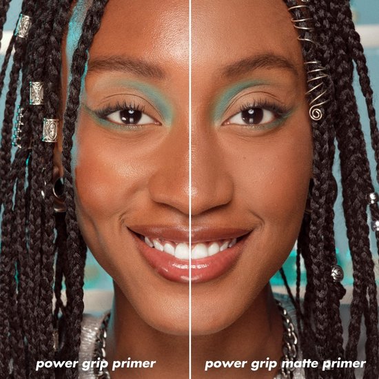 Twee portretten van een model met gekleurde vlechten; links 'power grip primer', rechts 'power grip matte primer'.