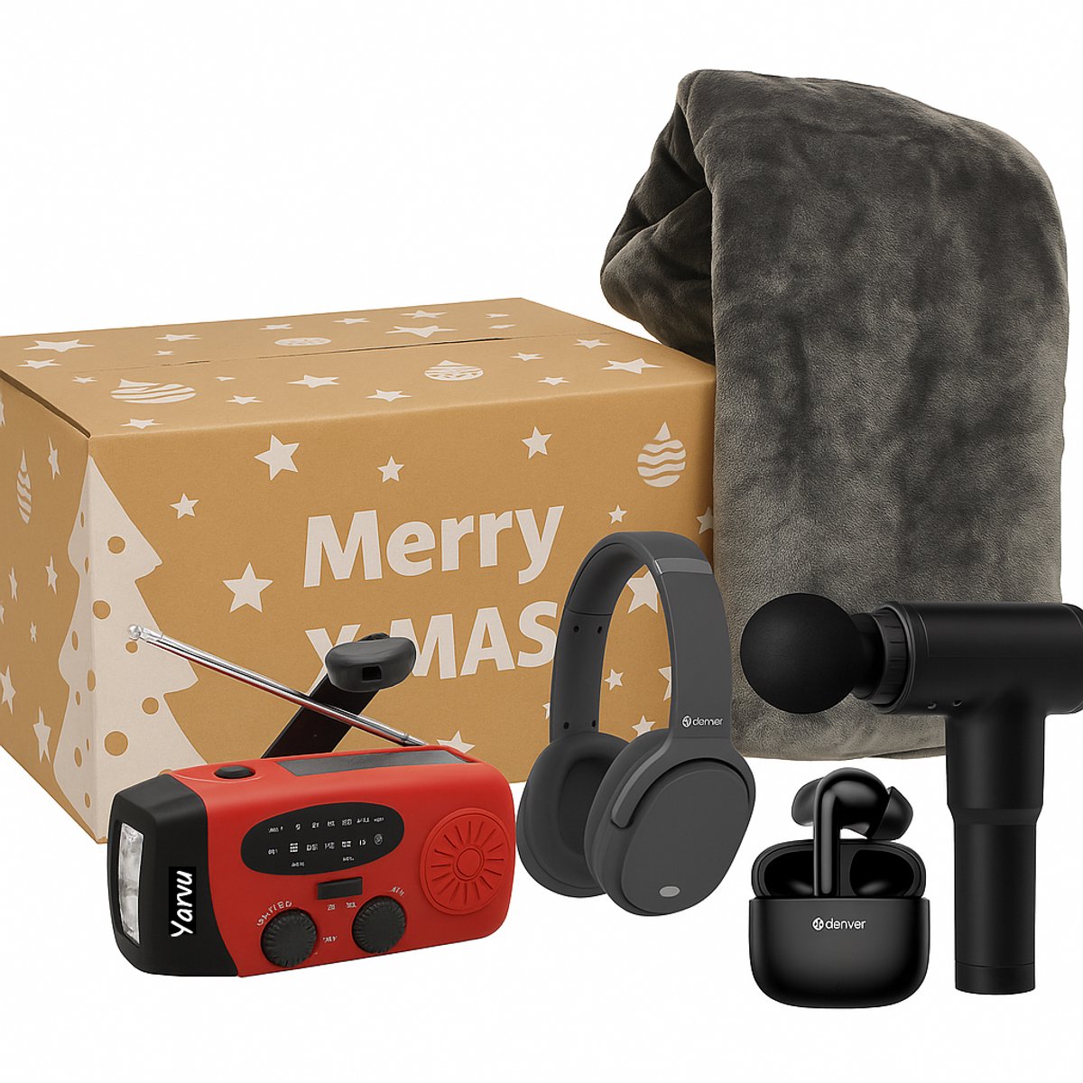 Kerstpakket - Premium - Voor Mannen & Vrouwen - Noodradio - Bluetooth Earphones Oordopjes - Bluetooth Koptelefoon Massagegun - 1 Persoons Luxe Deken - Kerst Pakket - Cadeau Pakket - Cadeaupakket - Relatiegeschenk