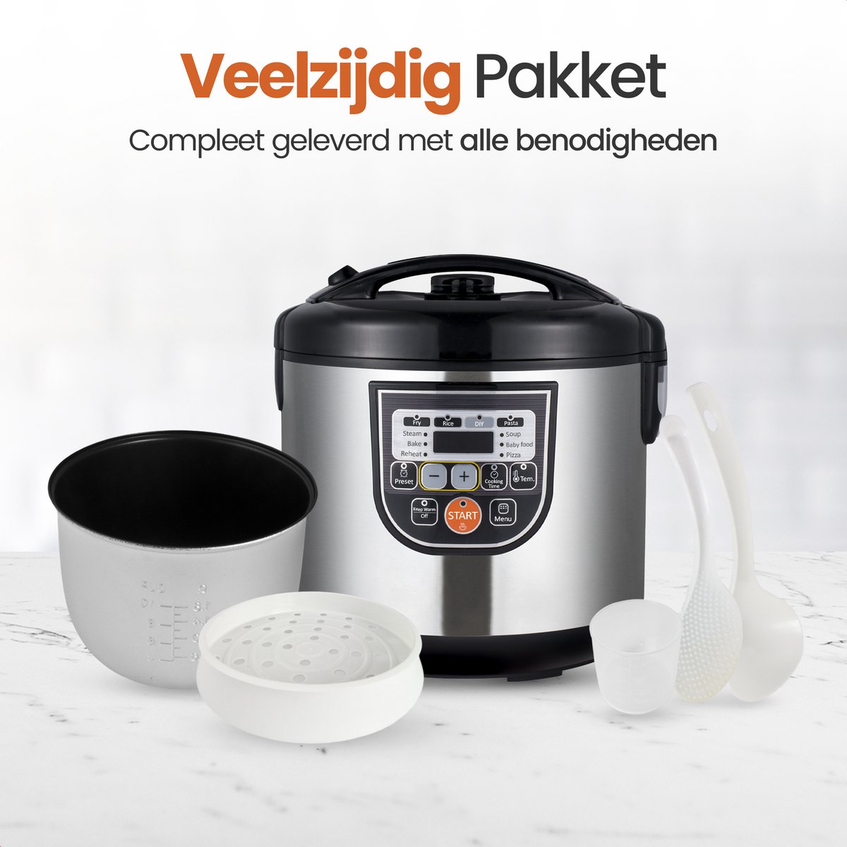 Afbeelding 3 van Golermo Multicooker 5L – 11 Programma’s + Kookboek | 860W | Multifunctionele Rijstkoker, Slowcooker & Stoomkoker in 1