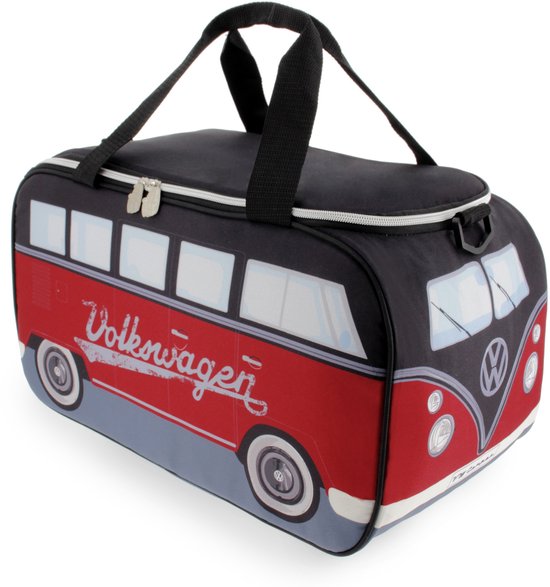 Vue latérale d'un sac de sport noir avec un design combi VW T1 rouge.