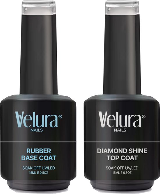 Set Velura® Rubber Base Coat et Diamond Shine Top Coat - 2 x 15 ml - Sans HEMA ni TPO - Pour ongles BIAB et gel