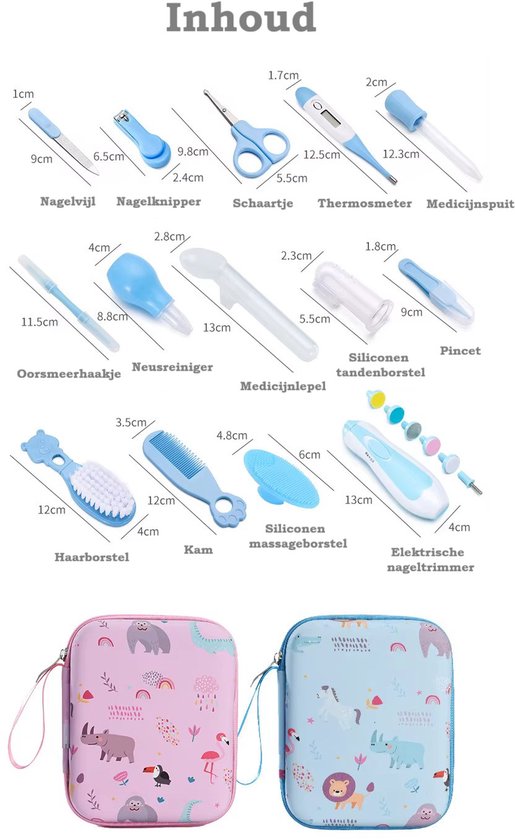 20-delige Babyverzorgingsset - Safari Dieren - Roze - Manicureset - Elektrische baby nageltrimmer - Nagelverzorging, Neusaspirator, Medicijnspuit, Thermometer & Siliconen Borstels van All Kids Essentials — afbeelding 3