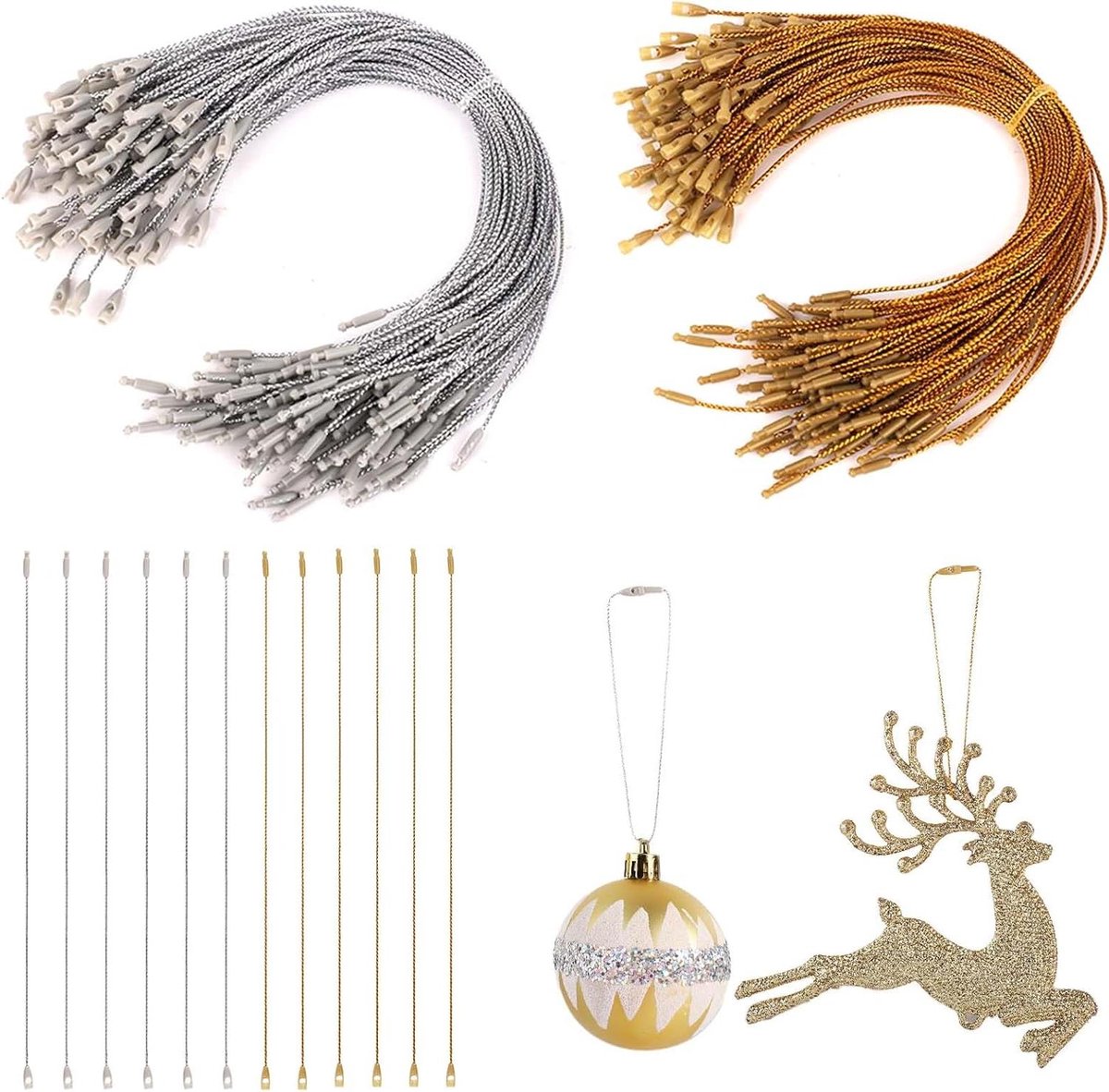 Metalen kerstversieringshangers in goud en zilver met drukknopen voor kerstboom.