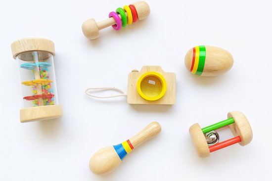 Muziekinstrumenten Hout - Baby Muziek Speelgoed - Montessori Muziekset Hout - Kind Muziekspeelgoed 1 jaar - Set 6 Muziekinstrumenten - Sambabal, Regenmaker, Regenrammelaar - Houten Instrument - Peuter & Dreumes Cadeau - Kraamcadeau Rammelaar Kinderen