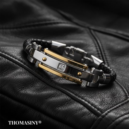 Akitsune Simplicitas Leren armband, magnetisch, premium armband voor dames en heren, gevlochten mannen, handgemaakt, matzwart, goud, 22 centimeters, Leer, zonder steen