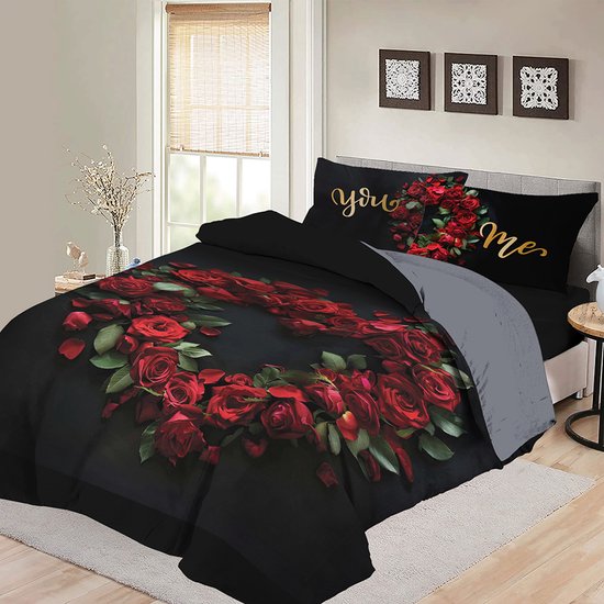 Bed Glow & Apparel - SPECIAAL VALENTIJNSDAGGE SCHENK!!! - Dubbele persoons Dekbedovertrekset 200 x 200 cm en 2 kussensloops 60x70 cm - 100% katoen - Bloemen patroon in hart figuur van Bed Glow & Apparel — afbeelding 2