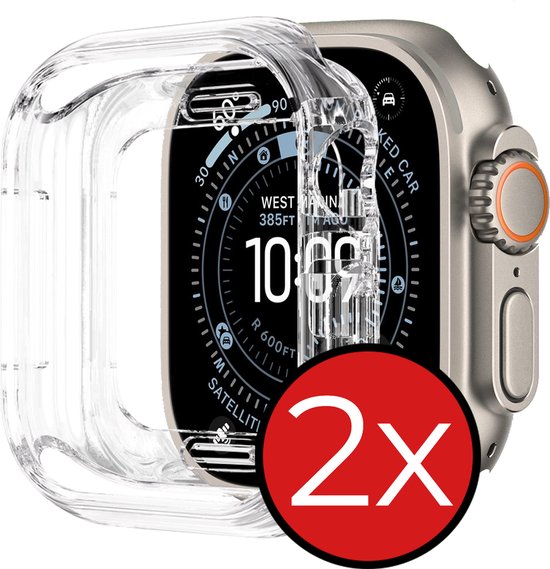 Een Apple Watch met een transparante hoes en een beige bandje, met een rode cirkel met '2x' erop.