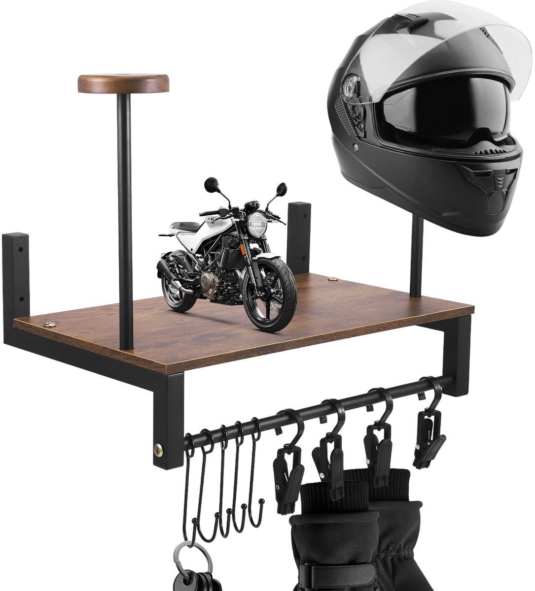 Unyqoos Wandhouder voor motorhelmen met haken en clips voor efficiënte opslag burin
