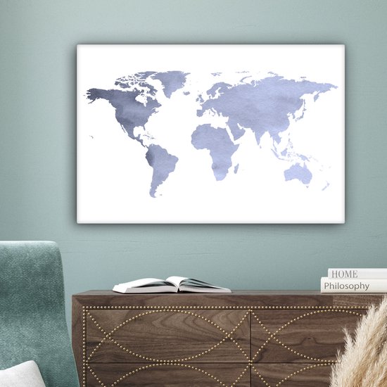 Wereldkaart avec des couleurs bleu violet et un motif texturé sur fond blanc 60x40 cm