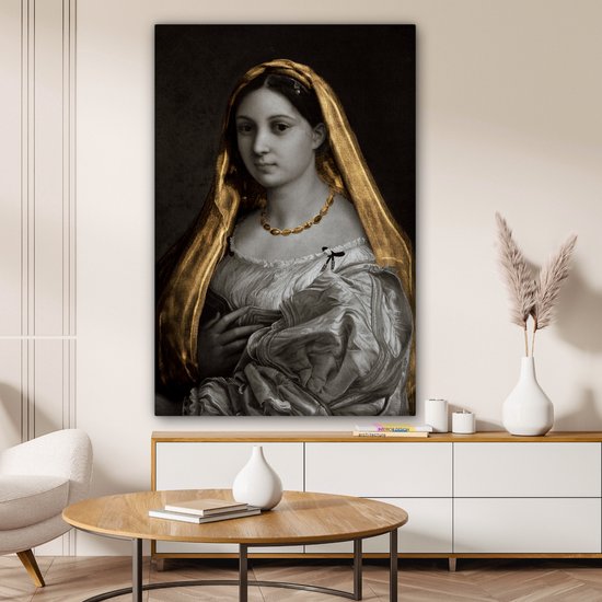 Canvas doek - De gesluierde vrouw - Goud - Kunst - 90x140 cm - Oude meesters - Raffaeolo Sanzio - Tinten - Woonkamer
