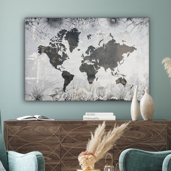 Wereldkaart avec motif béton gris foncé décorée d'illustrations de fleurs 140x90 cm