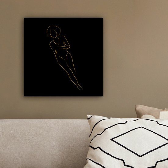 Canvas schilderij 20x20 cm - Wanddecoratie Vrouw - Gold - Black - Line art - Muurdecoratie woonkamer - Slaapkamer decoratie - Kamer accessoires - Schilderijen op canvas