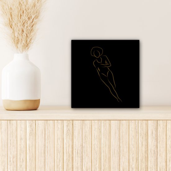 Canvas schilderij 20x20 cm - Wanddecoratie Vrouw - Gold - Black - Line art - Muurdecoratie woonkamer - Slaapkamer decoratie - Kamer accessoires - Schilderijen op canvas