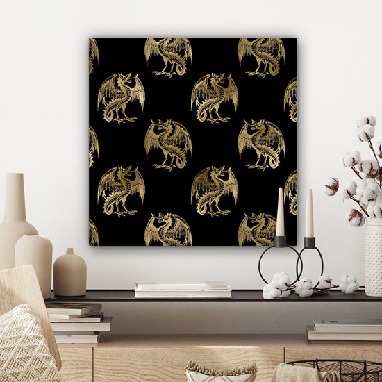 Toile Peinture Motifs - Dragon - Or - Zwart - 50x50 cm - Décoration murale