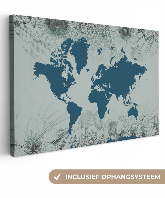 Carte du monde bleu sur fond bleu décorée d'illustrations de fleurs 140x90 cm