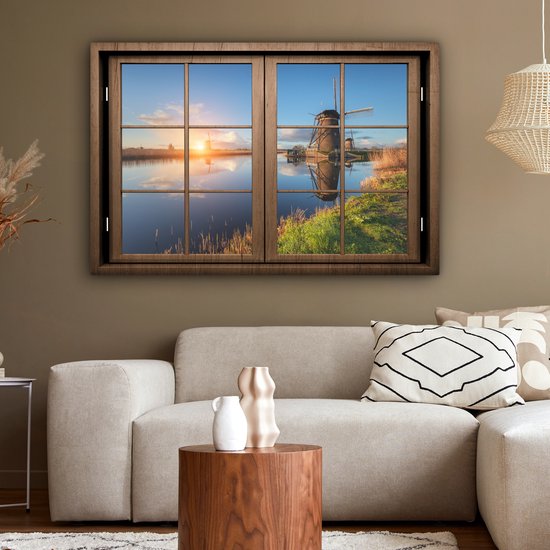 Canvas schilderij 120x80 cm - Wanddecoratie Doorkijk - Molen - Zonsondergang - Muurdecoratie woonkamer - Slaapkamer decoratie - Kamer accessoires - Schilderijen op canvas
