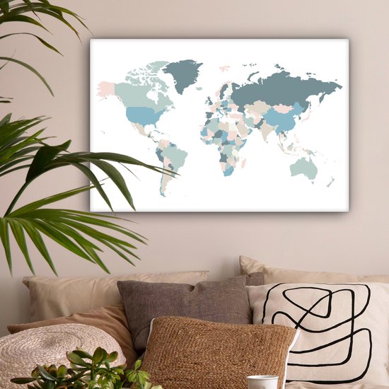 Wereldkaart avec des pays de différentes couleurs pastel sur fond blanc 90x60 cm