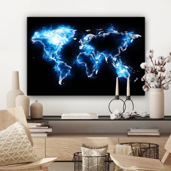 Wereldkaart en bleu électrique sur fond noir 60x40 cm