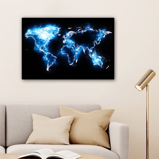 Wereldkaart en bleu électrique sur fond noir 60x40 cm