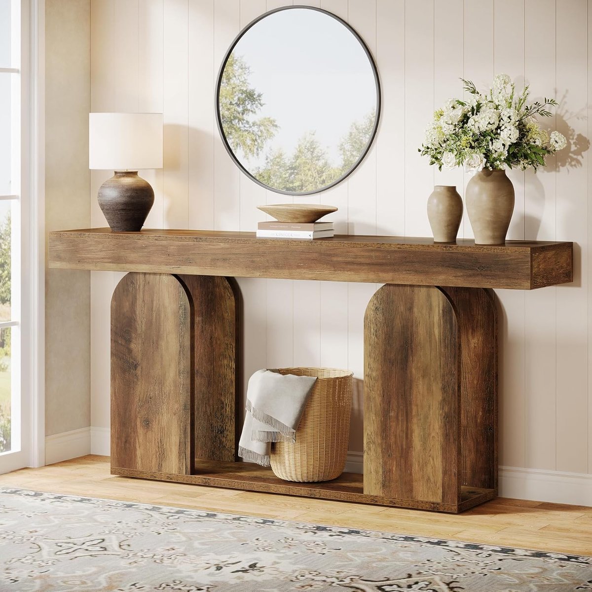 Tribesigns Consoletafel - Sidetable 2 Laags Opbergruimte - Lichtbruin - 160 x 30 x 85 cm - Houten Console Tafel voor Hal, Woonkamer, Entree
