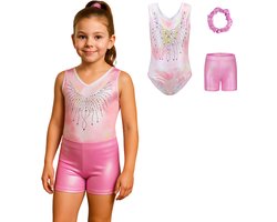 Joya Kids® Turnpakje Meisjes zonder Mouwen met Broekje en Scrunchie | Licht Roze met Wit met Glitters en Strass Steentjes Ballet pakje | Gymnastiekpakje Zomer zonder Mouw | Turnen | Turn Pakje set | Maat 120
