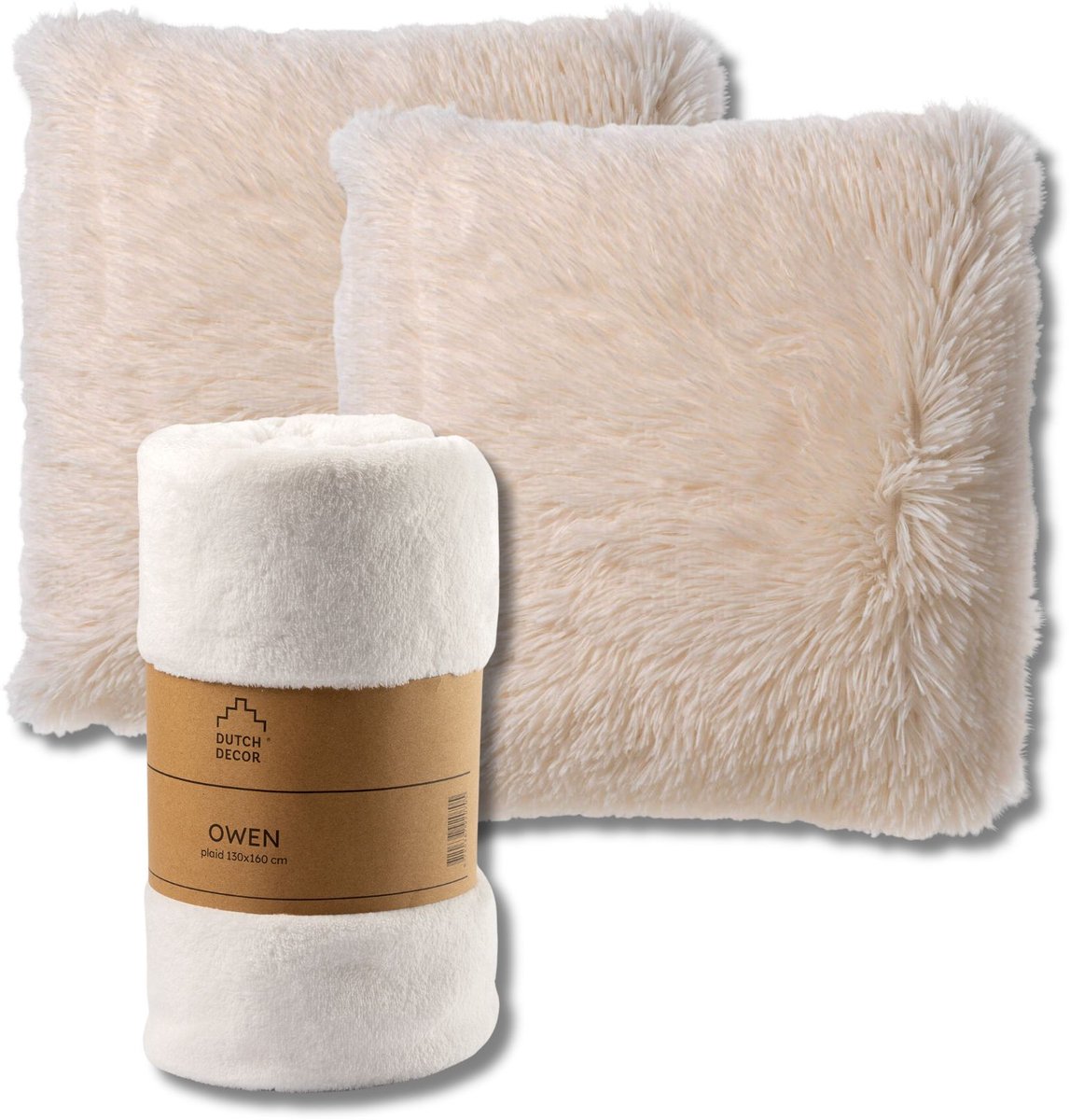 Dutch Decor VOORDEELSET - 3-delig - Fluffy & Owen - 2 sierkussens 45x45 cm - 1 plaid 130x160 cm - wit