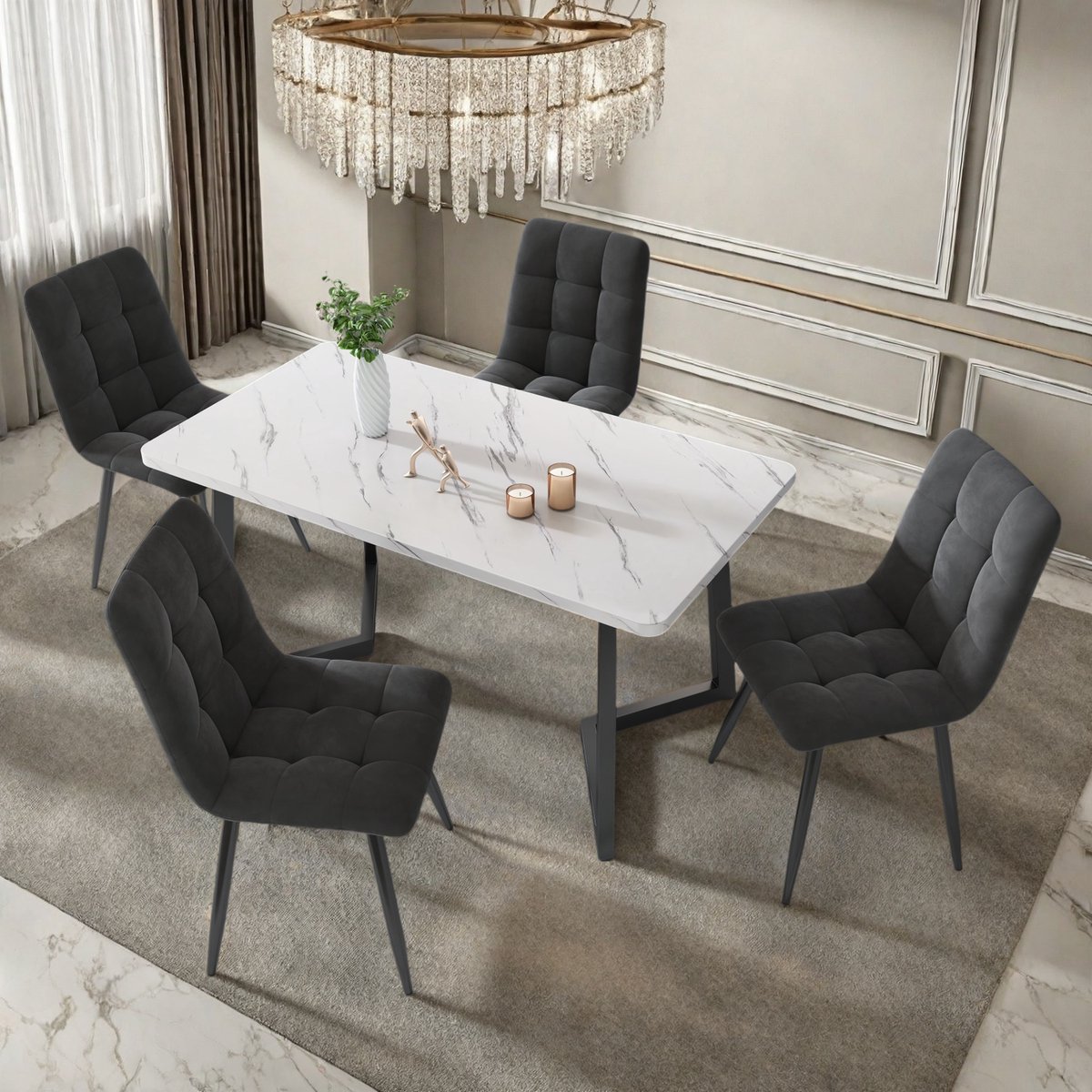 Set van 4 Eetkamerstoelen – Grijs Fluweel, Comfortabel en Modern – Stevig Ontwerp