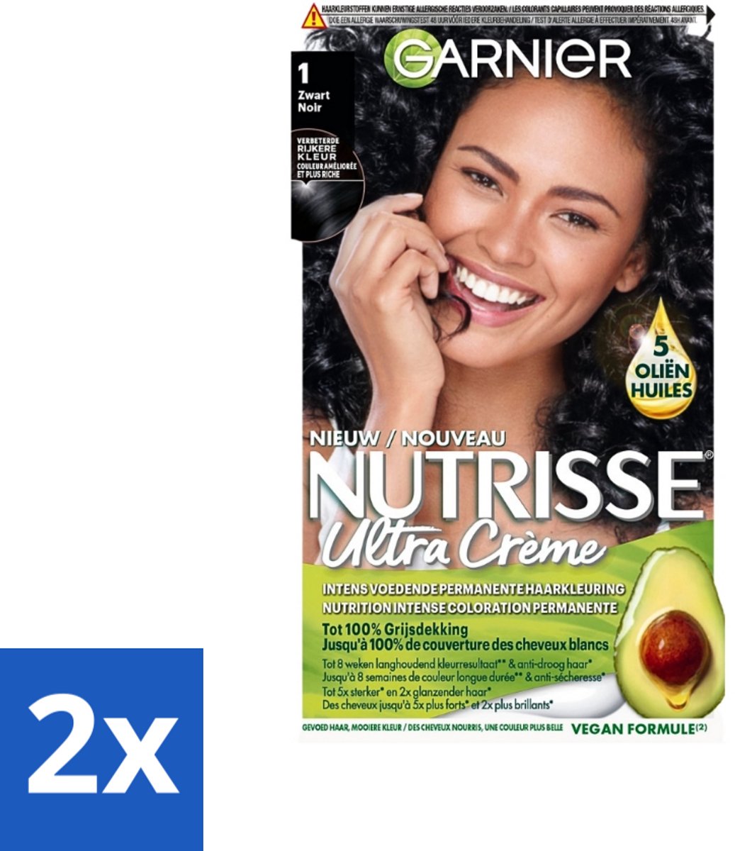 2 x Garnier - Nutrisse Ultra Crème 1 - Haarkleuring - Zwart - Intens Voedend - Permanente Kleur - Haarverf - Permanente Haarkleur - Grijsdekking - Voedende Haarkleur - Nutrisse Ultra Crème
