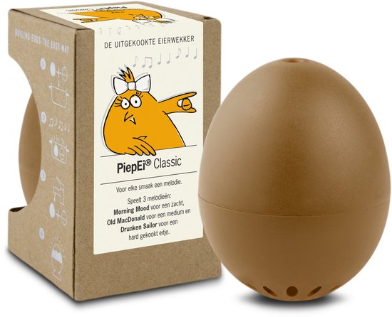Bruine, ei-vormige kookwekker naast de verpakking met een cartoonkip.