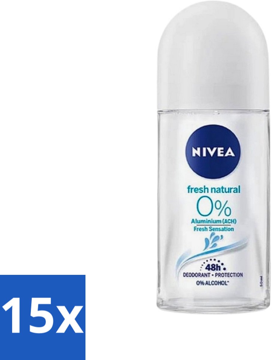 15 x Nivea - Roll-On - Alu Free - Fresh Natural - 0% Aluminum - 50 ml - Alu Free Deodorant - 0% Aluminium - Natuurlijke Deodorant - Frisheid - Gevoelige Huid