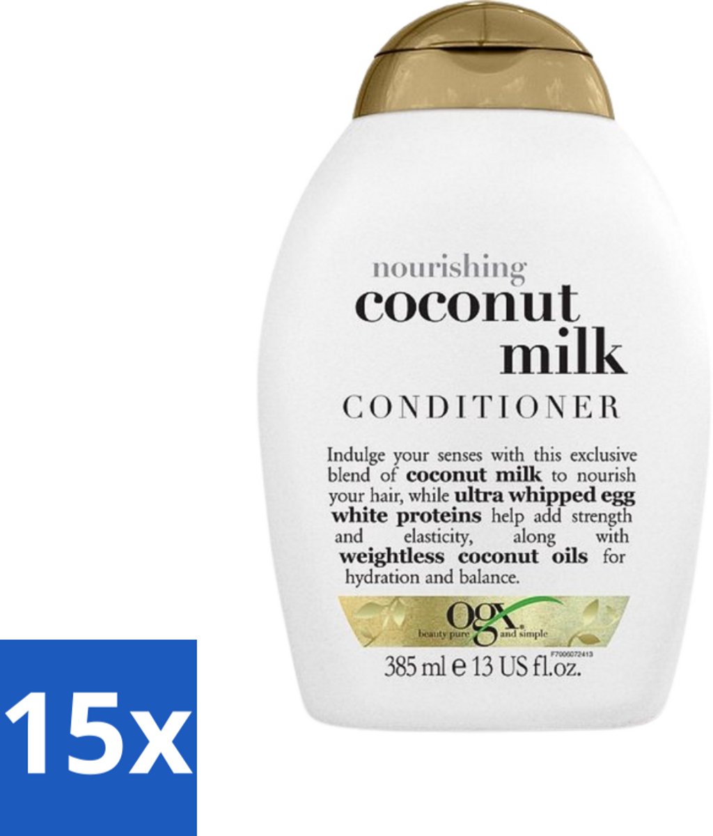 15 x OGX - Coconut Milk - Conditioner - Voedend - Herstel & Glans - 385 ml - Kokosmelk Conditioner - Voedend Haar - Herstel Haar - Glans Haar - Droog Haar