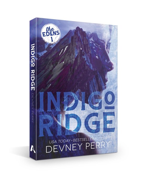 Livre 'Indigo Ridge' tome 1 des Edens. Un paysage de montagne et un visage dans l'ombre. Titre : Indigo Ridge.