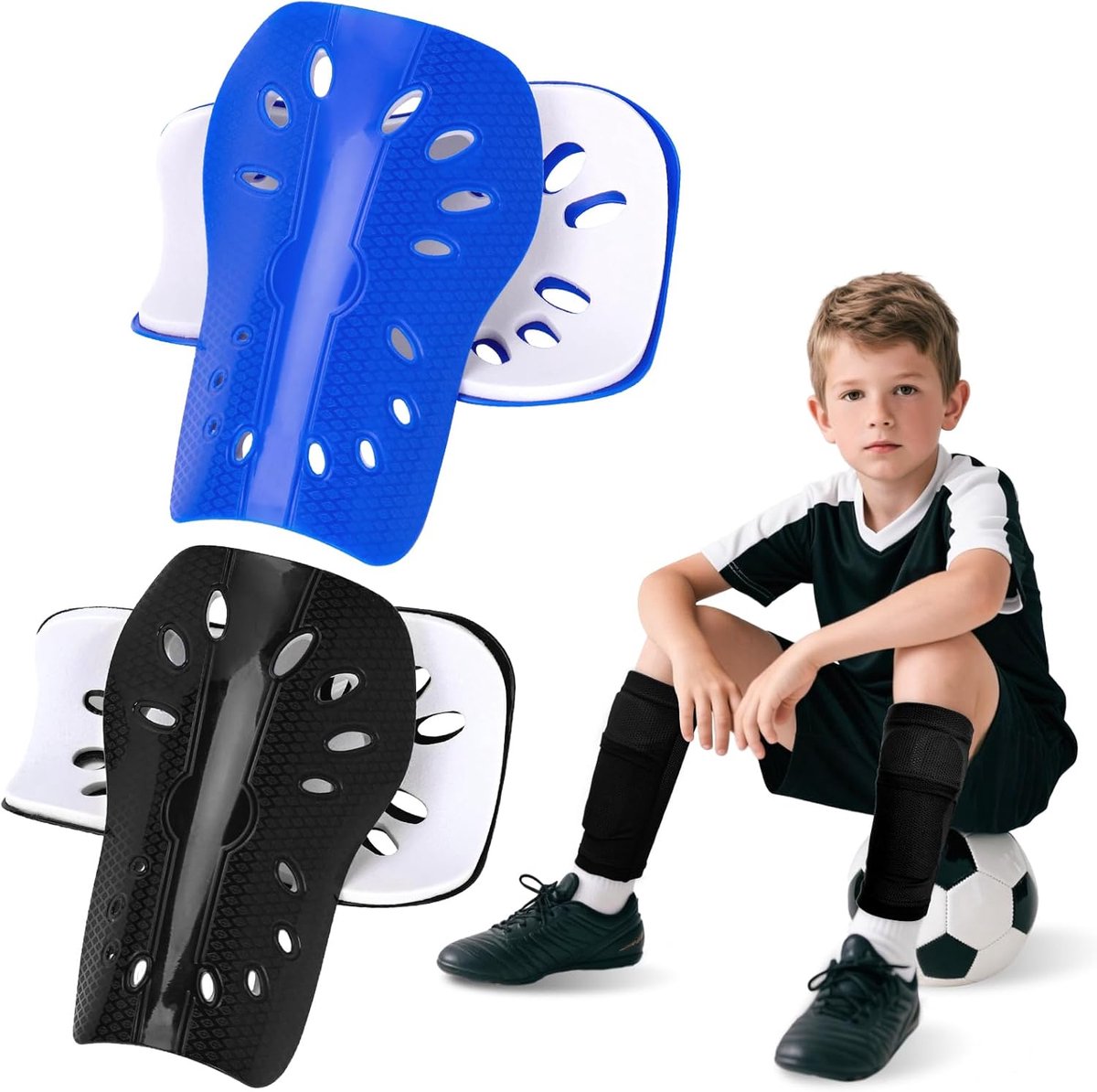2 paar - Scheenbeschermers voor kinderen - Verdikte antibotsingsinzetstukken - Ultralicht en ademend - Geschikt voor jongens en meisjes - Scheenbeschermers voor training en wedstrijden - Bluaw+Zwart