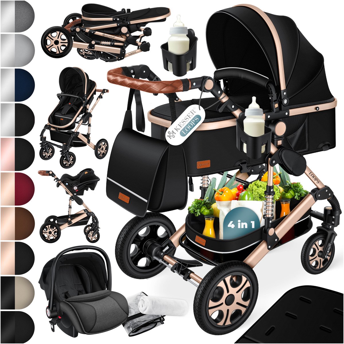 KESSER® Kinderwagen 3 in 1 Loops Wandelwagen Set incl. Autostoel & Reiswieg & Buggy Sportzitje - Massieve Rubberbanden - Luiertas / Regenhoes - Zwart / Champagne - KESSER® - €253,80