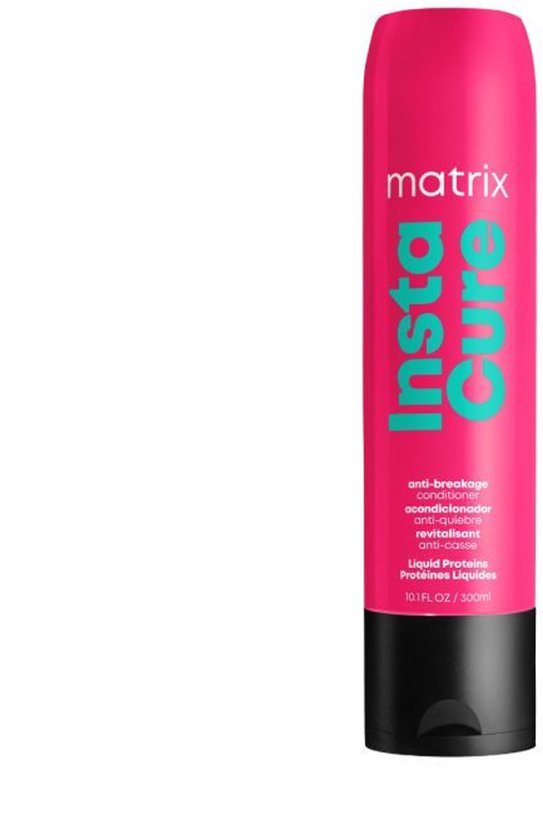 Bouteille d'après-shampooing Matrix Instacure rose avec un bouchon noir. Contient des protéines liquides.