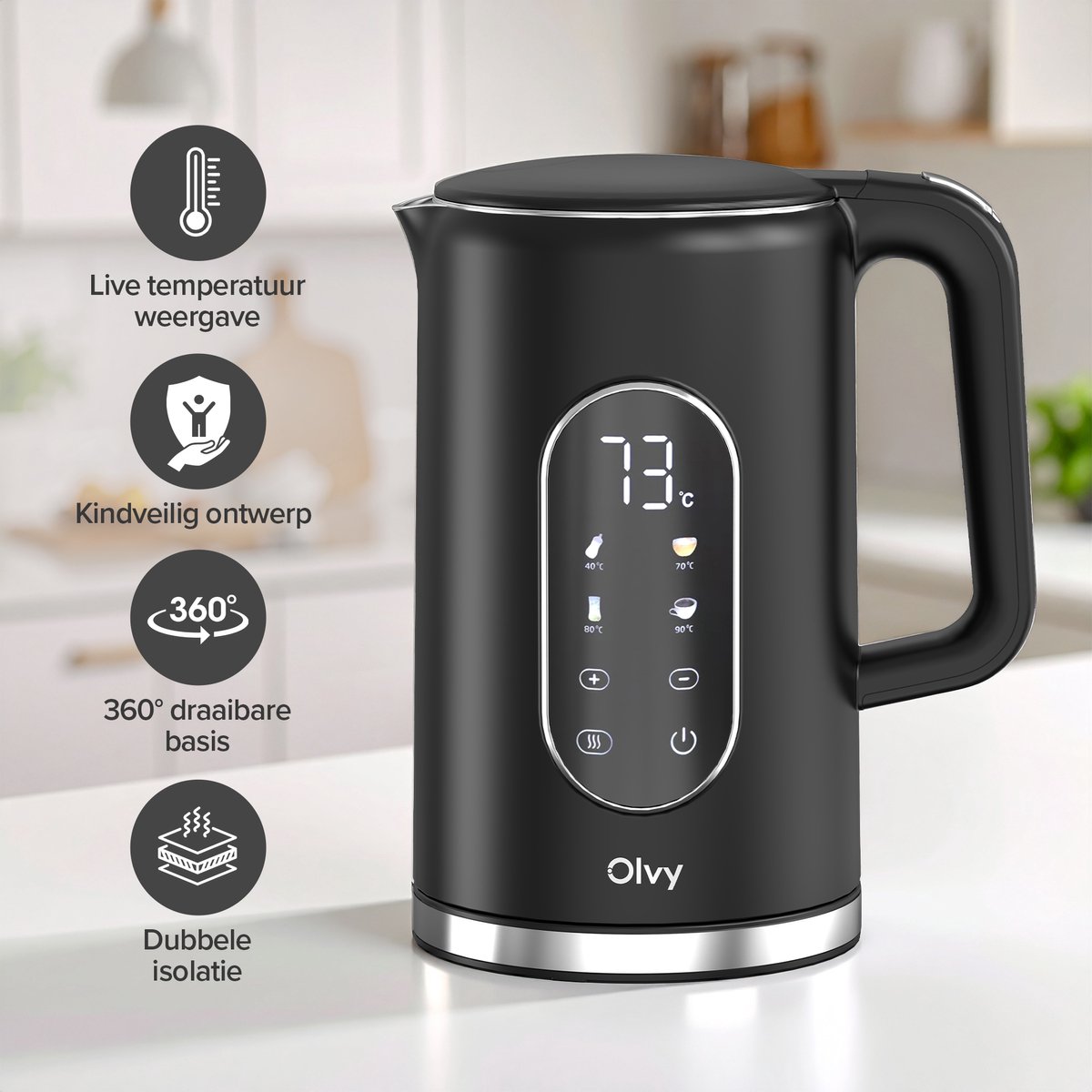 Olvy Waterkoker met Temperatuurregeling - Warmhoudfunctie - RVS - Dubbelwandig - Elektrisch - 1.7 Liter - 2200W - Zwart — afbeelding 2