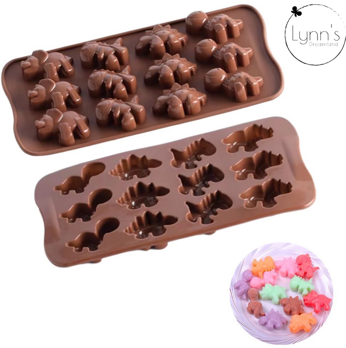Lynn's siliconen bakvorm - Dinosaurus - 12 holtes - Taart gebak pudding chocolade snoep ijsblokjes zeep kaars epoxy etc. - Geschikt voor o.a. oven koelkast vriezer magnetron