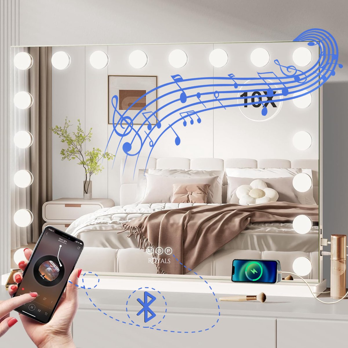 Bol.com Royals Hollywood Spiegel 80x60CM - Bluetooth Speakers - 18x Led Lampen - USB + USB-C Oplaadpoort - 10x vergroting - 3 li... aanbieding