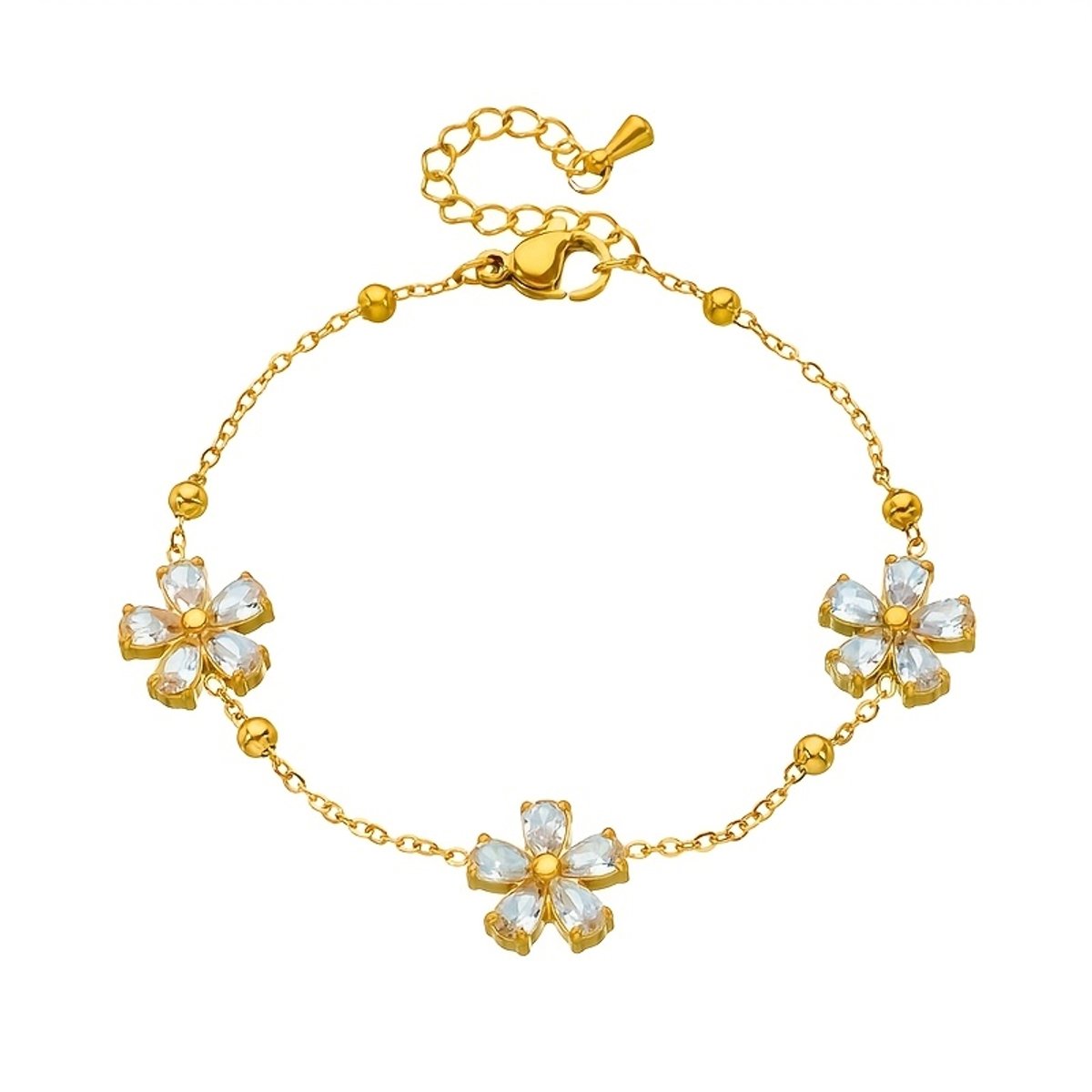 Sjika - Dames Armband – Goudkleurig met Kristal Bloemen – Luxe Sieraad - Cadeau