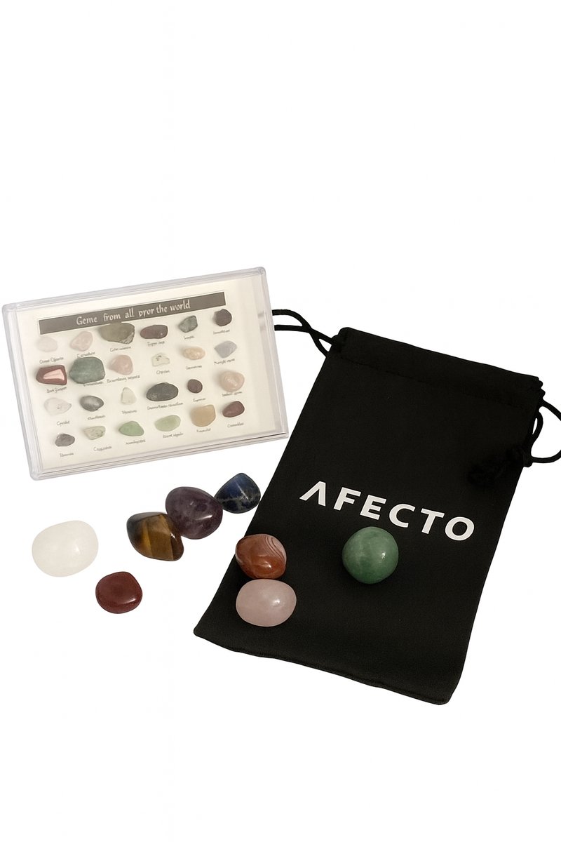 Afecto zakje met 8 edelstenen + doosje met alle edelstenen - 8 edelstenen: Tijgeroog - Aventurijn - Rozenkwarts - Rode Agaat - Helder kwarts - Sodaliet - Rode Jaspis - Shungiet inclusief doosje met alle stenen edelstenen met doosje