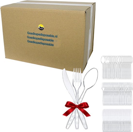 KURTT Herbruikbare bestekset - 100x messen 100x vorken 100x lepels - 300 stuks - bestekset transparant 19 cm - bestek - Stevig en Herbruikbaar - BPA Vrij - Vaatwasbestendig - Reusable - wegwerp vorken - vorken - lepels - messen - 300 stuks van KURTT — afbeelding 2