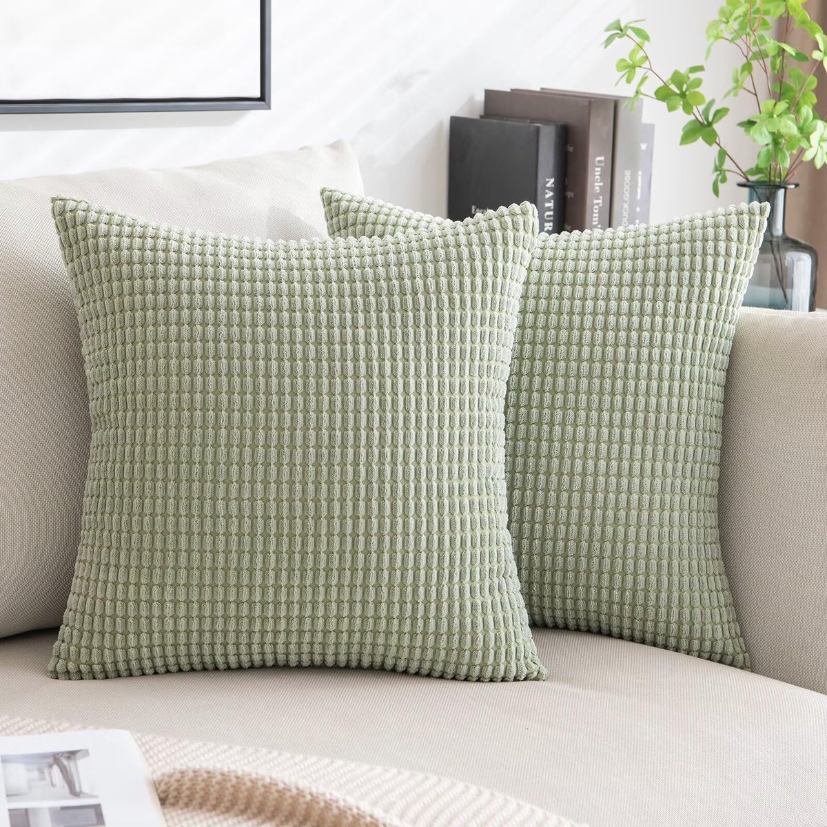 Ibenzoa® Set van 2 decoratieve kussenslopen in bonengroen corduroy voor huisdecoratie
