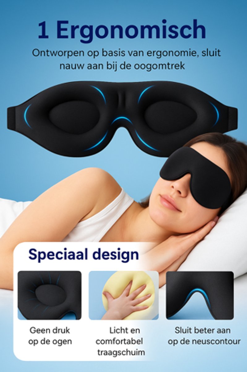 Slaapmasker met 3D Oogruimte - Comfortabel & Verstelbaar - Helpt bij Slaapproblemen - Uniseks - Kleur Zwart - Ademend & Lichtdicht