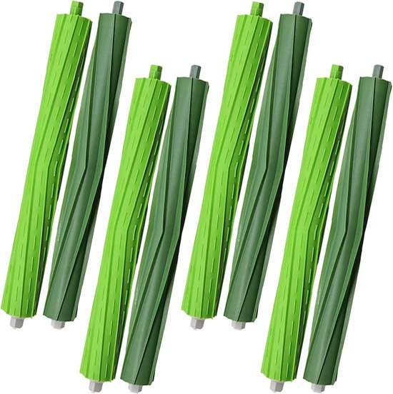 Zes groene rubberen rolborstels, afwisselend donker en lichtgroen, met groef- en spiraalpatronen.
