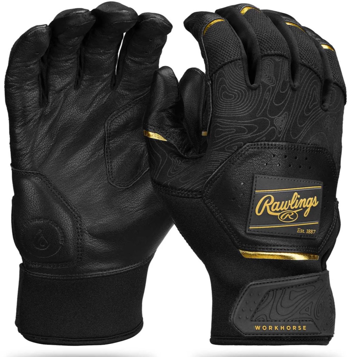 Rawlings - MLB - Honkbal - Softbal - Slaghandschoentjes - Workhorse - WH25BG - Leer - Een Paar - Batting Gloves - Volwassenen - Zwart/Goud - Large