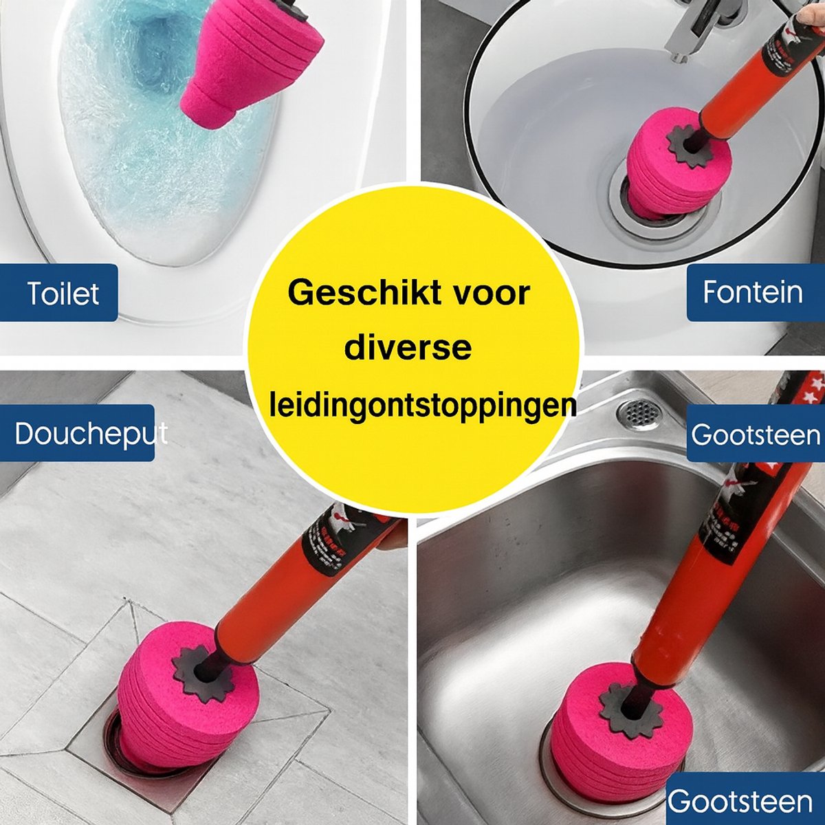 Spero Vacuümpomp ontstopper - Handontstopper met 3 hulpstukken - Voor ronde afvoeren