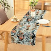 Bedrukt Velvet textiel Tafelloper 65x240 cm - Bloemen op lichtblauw - Fluweel - Runner