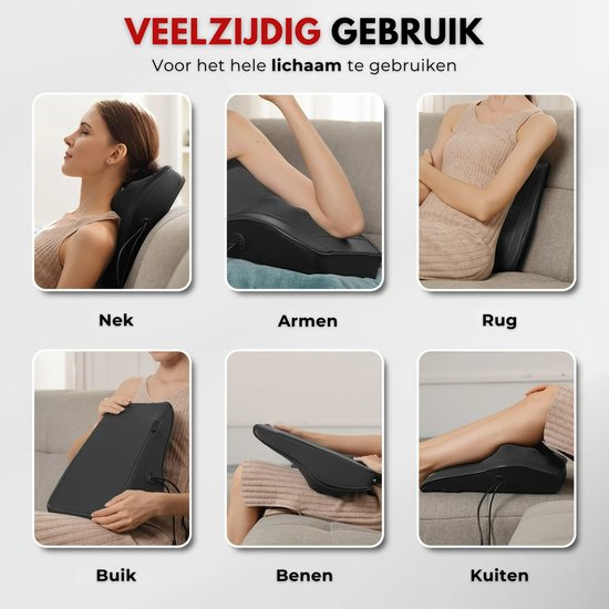 Drie afbeeldingen van een vrouw die een zwart massagekussen gebruikt voor nek, armen en rug.